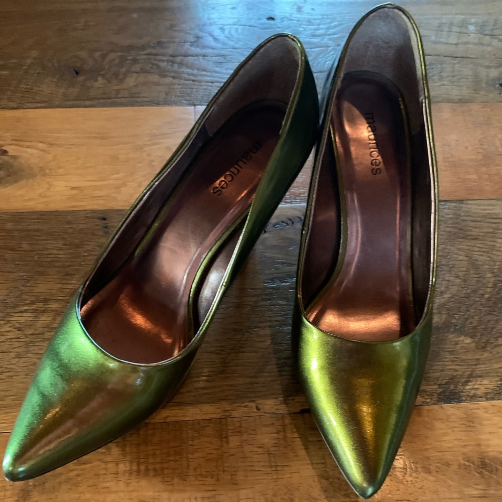 Metallic green/copper/purple iridescent heels.